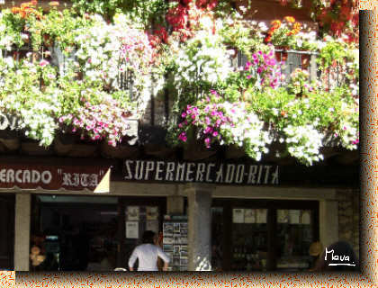 Balcones floridos y tiendas en los soportales en la Plaza Mayor de La Alberca